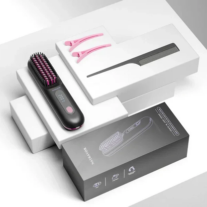 Black Compact Portable Heated Comb Straightener - USB Type-C Charge, 3 Heat Modes, Lightweight Wireless Adjustable Tool for Smooth, Frizz-Free Hair (Portable Hair Straightener for Travel)