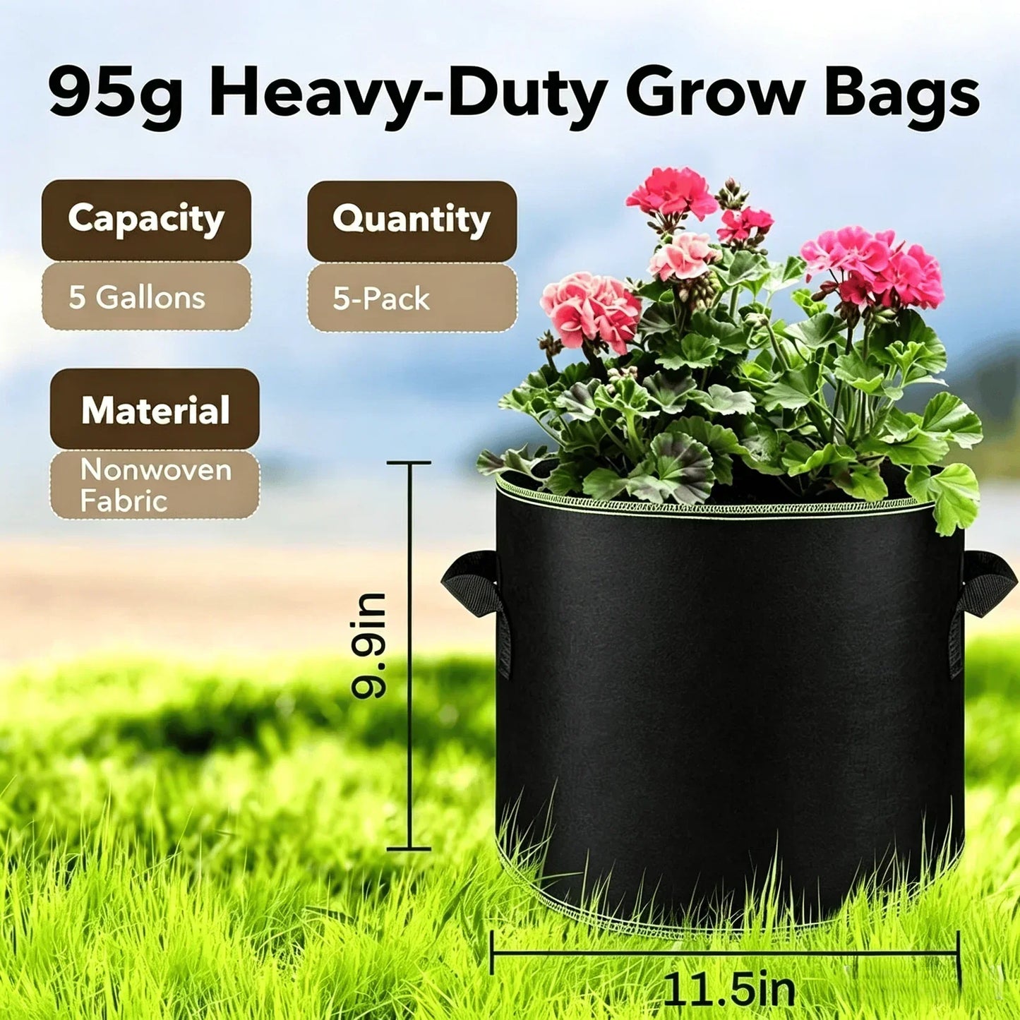 🌱 5-Pack 5 Gallon Grow Bags – Heavy Duty Aeration Fabric Pots with Handles for Vegetables, Flowers & Fruits 🪴